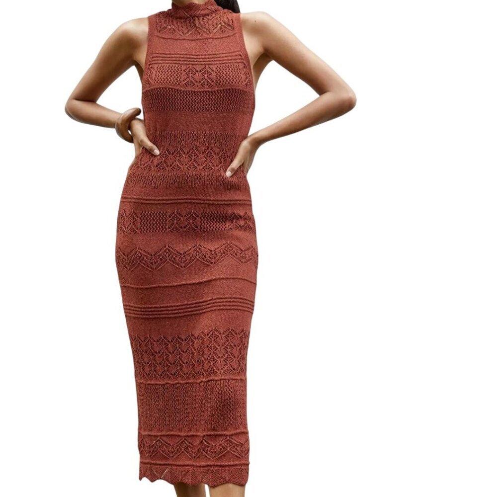Anthropologie Crochet Midi Dress Rust Sleeveless Fully Lined Mock Neck Size XL